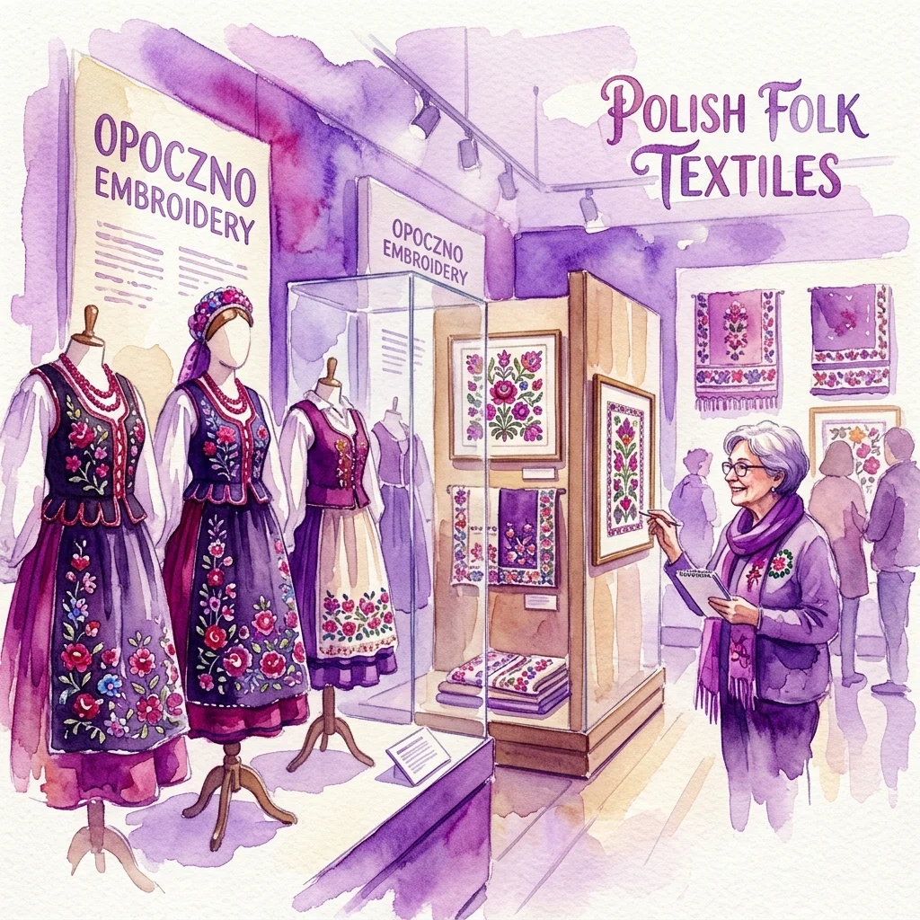 Ilustracja wystawy muzealnej prezentującej polskie tkaniny ludowe, w tym hafty opoczyńskie na tradycyjnych strojach wystawionych na manekinach i w gablotach, z odwiedzającymi oglądającymi kolekcję.