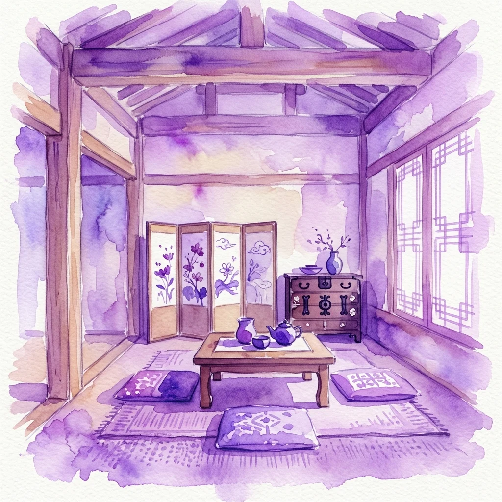 Ilustracja akwarelowa tradycyjnego koreańskiego wnętrza hanok z drewnianymi meblami, niskim stołem, poduszkami i ozdobnym parawanem, przywołująca dziedzictwo kulturowe i życie domowe.