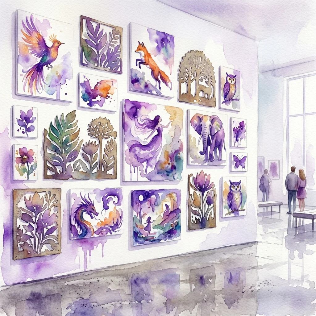 Una pared de exposición en el Museo Nacional de Etnografía de Varsovia que presenta pinturas y recortes de metal de Magdalena Shummer, mostrando animales vibrantes, escenas míticas y flora exuberante en un estilo de realismo poético.