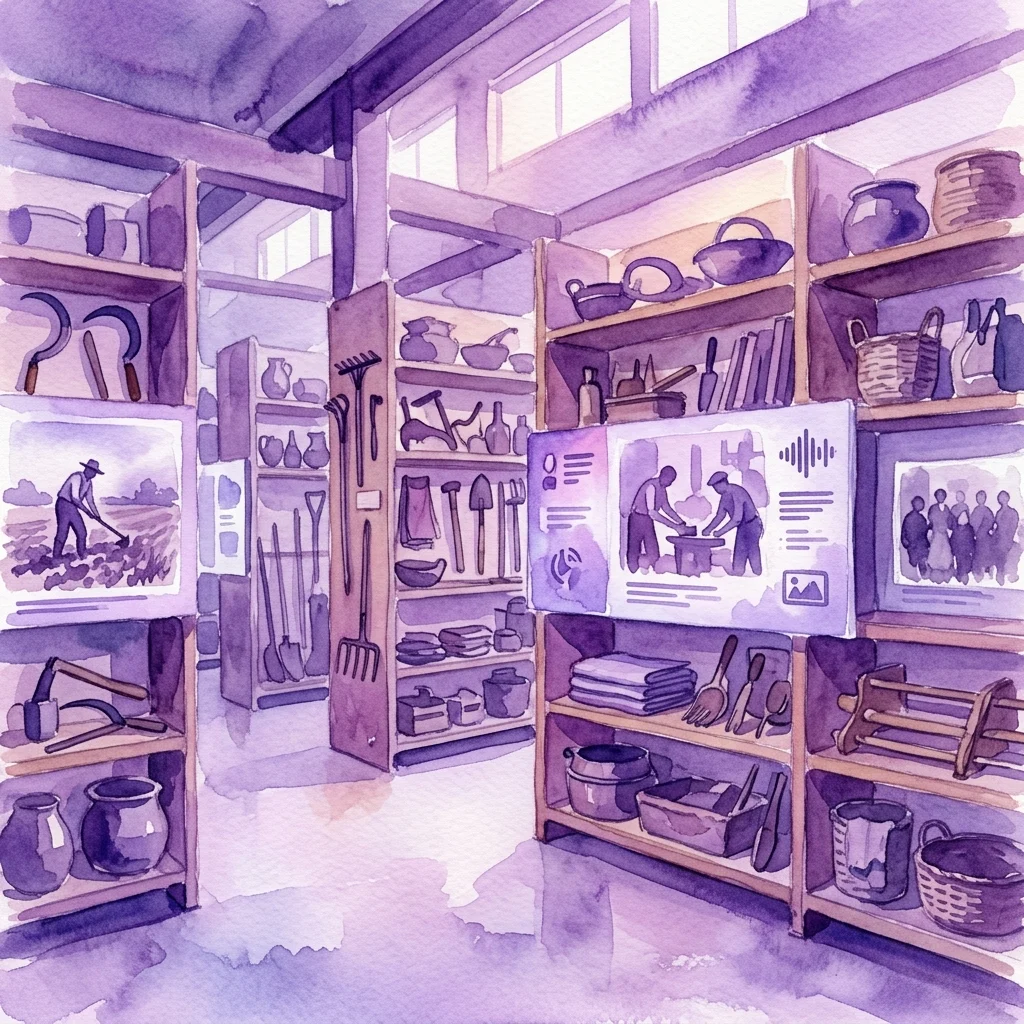 Ilustracja akwarelowa wystawy w magazynie muzealnym przedstawiająca półki z historycznymi narzędziami, ceramiką i koszami, z cyfrowymi wyświetlaczami pokazującymi archiwalne zdjęcia i nagrania audio tradycyjnych rzemiosł.