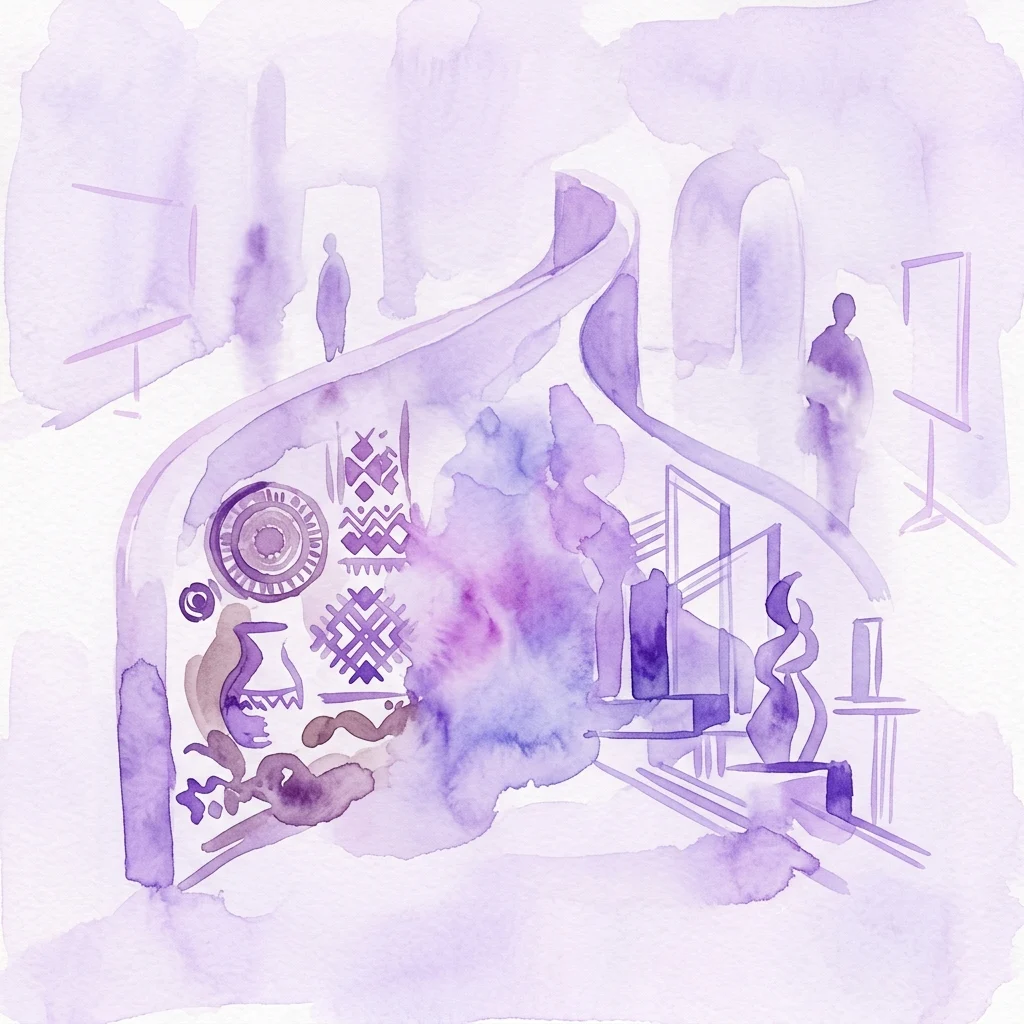 Una ilustración en acuarela de una galería de museo con patrones de arte folclórico tradicional que se fusionan con elementos de diseño modernos, simbolizando la dualidad de la expresión creativa de los artistas folclóricos.