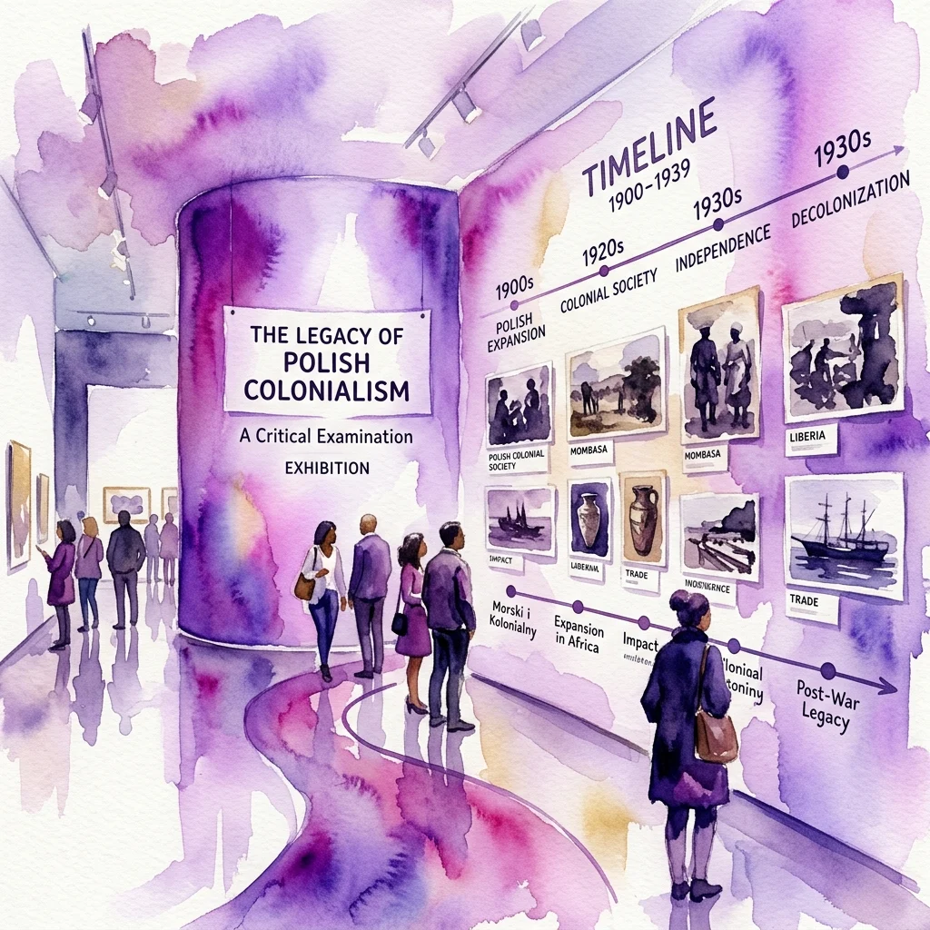 Ilustración en acuarela de una exposición de museo titulada 'El Legado del Colonialismo Polaco: Un Examen Crítico', que presenta una línea de tiempo de 1900-1939 con fotografías históricas y visitantes observando la exhibición.