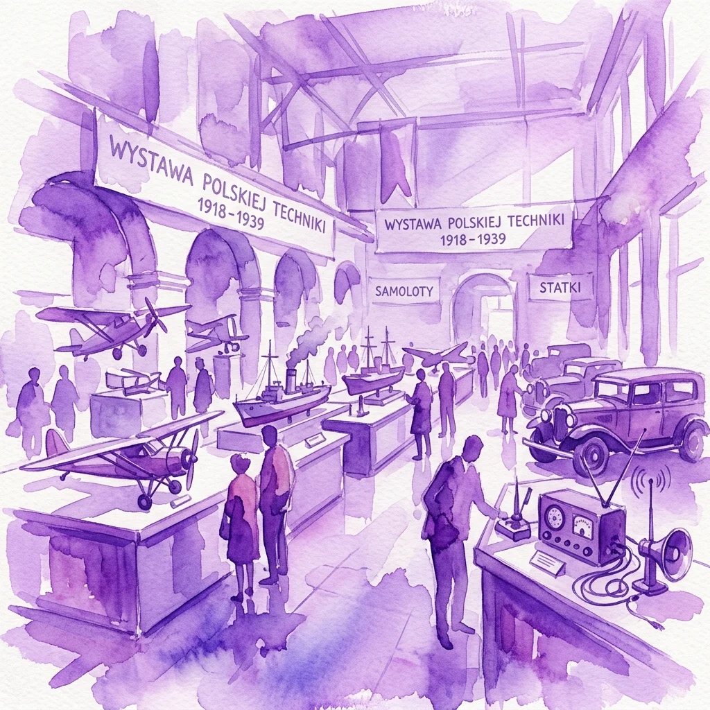 Waterverfillustratie van de tentoonstelling '1918 – Hoe we technologie herwonnen', met modellen van vroege vliegtuigen, schepen, auto's en radioapparatuur in een museumgalerij met bezoekers.
