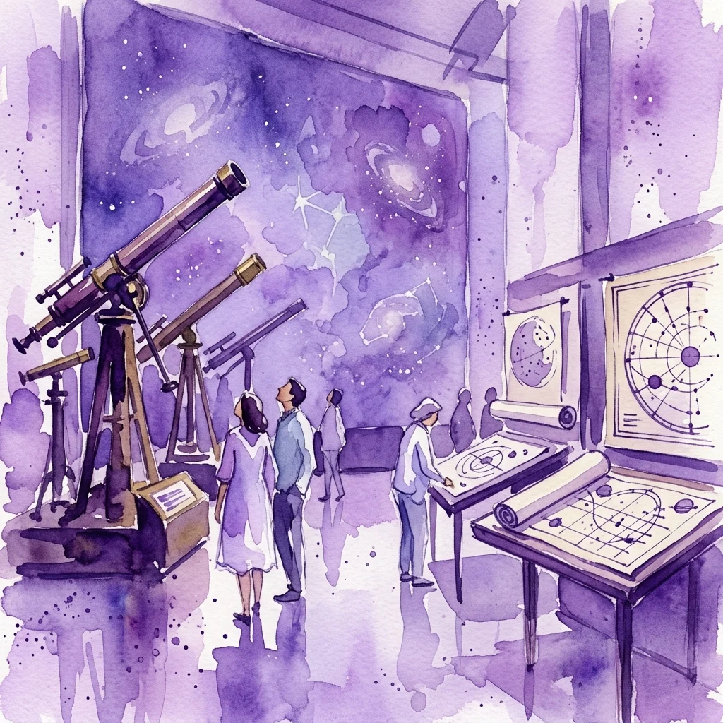 Ilustracja akwarelowa sali wystawowej muzeum prezentującej zabytkowe teleskopy, mapy nieba oraz zwiedzających odkrywających wkład Polski w badania kosmiczne i astronomię.