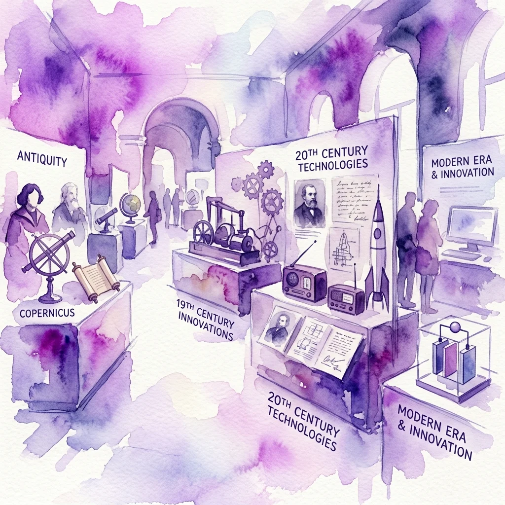 Ilustración en acuarela de una exposición de museo que muestra las contribuciones polacas a la ciencia y la tecnología, con secciones tituladas Antigüedad, Innovaciones del Siglo XIX, Tecnologías del Siglo XX y Era Moderna e Innovación, con artefactos y figuras históricas.