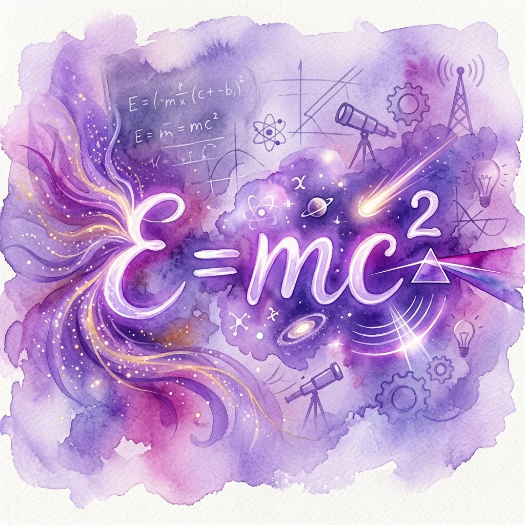 Artistieke aquarelillustratie van Einsteins E=mc²-vergelijking met gloeiende symbolen van energie, massa en lichtsnelheid, omringd door wetenschappelijke beelden zoals telescopen, atomen en tandwielen op een paarse kosmische achtergrond.