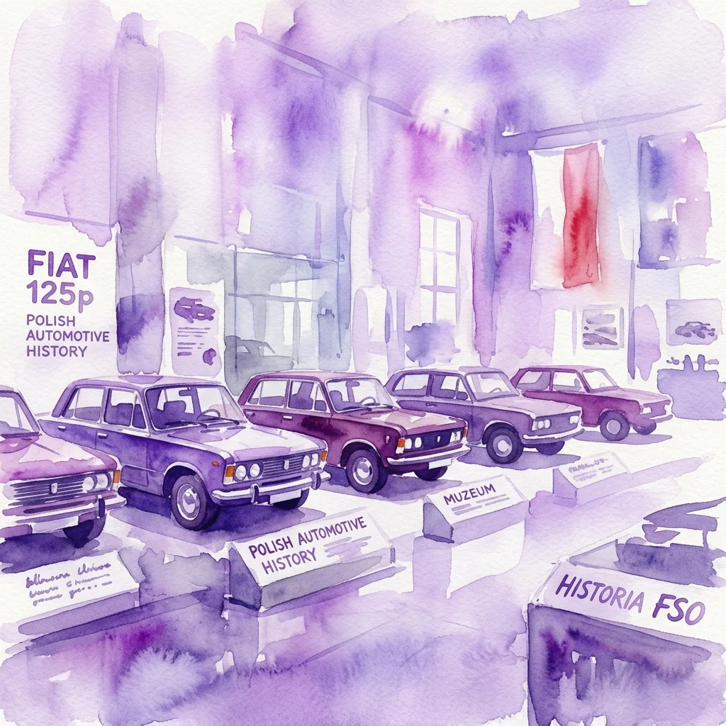 Waterverfillustratie van klassieke Fiat 125p-auto's tentoongesteld in een museum, ter herdenking van 50 jaar modelgeschiedenis in Polen, met tentoonstellingslabels en een paarse artistieke stijl.