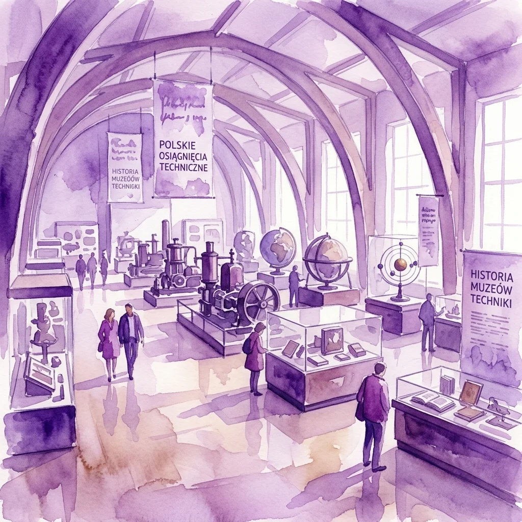 Una sala de exposiciones ilustrada que presenta artefactos históricos como máquinas de vapor, globos terráqueos e instrumentos científicos, con visitantes explorando exhibiciones bajo techos abovedados. Banderas con la inscripción 'POLSKIE OSIĄGNIĘCIA TECHNICZNE' y 'HISTORIA MUZEÓW TECHNIKI' resaltan la historia de la museología técnica de Polonia.