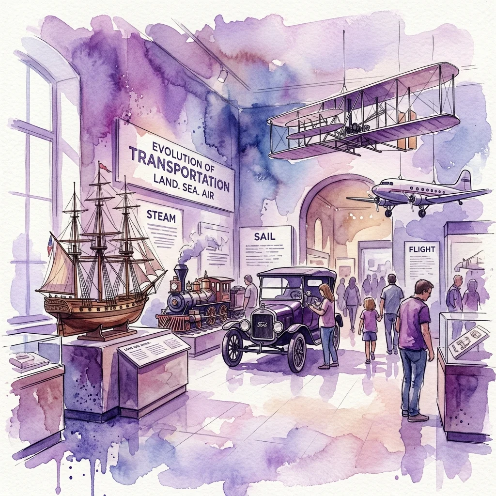 Waterverfillustratie van een museumtentoonstelling over de evolutie van transport, met modellen van een zeilschip, stoomtrein, vroege auto en vliegtuigen, en bezoekers die de displays bekijken.