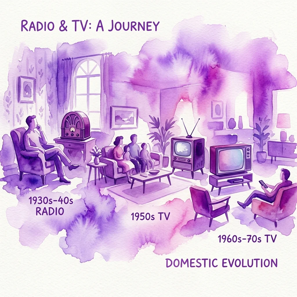 Ilustración de la evolución doméstica de la radio y la televisión desde la década de 1930 hasta la de 1970, mostrando radios vintage en una sala de estar de los años 30-40 y televisores tempranos en escenarios de los años 50 y 60-70, destacando la tecnología mediática en entornos domésticos.