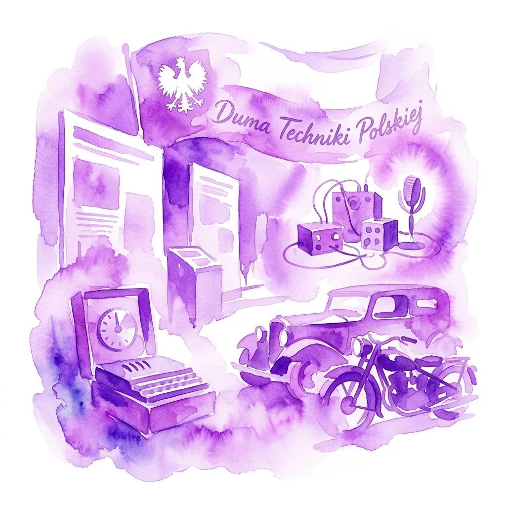 Ilustracja akwarelowa historycznej wystawy prezentującej zabytkowy samochód, motocykl, wczesny sprzęt radiowy i maszynę do pisania, z banerem z napisem 'Duma Techniki Polskiej' i godłem polskiego orła, reprezentującą osiągnięcia technologiczne międzywojennej Polski.