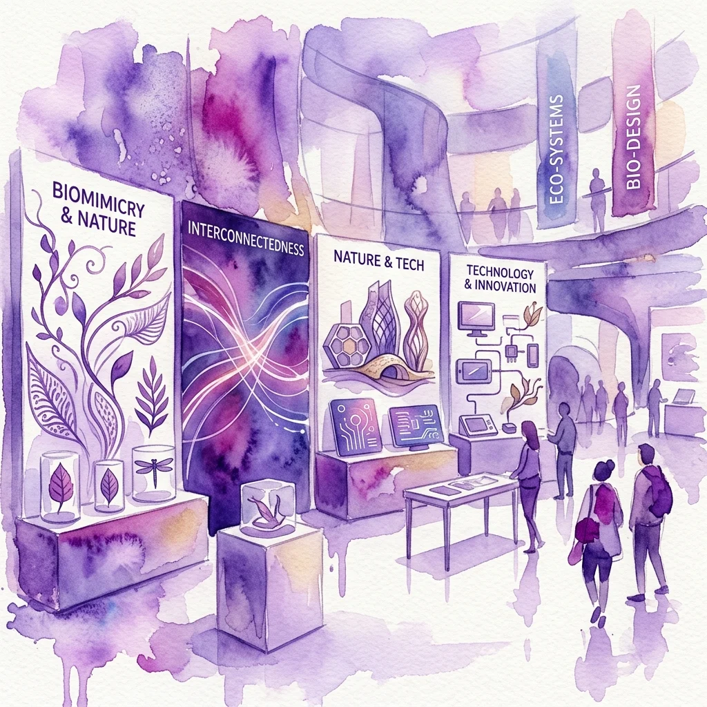 Una ilustración de la exposición 'Przyroda największym wynalazcą', que muestra la biomimética, la interconexión entre la naturaleza y la tecnología y la innovación con expositores de tonalidad púrpura y visitantes explorando las exhibiciones.