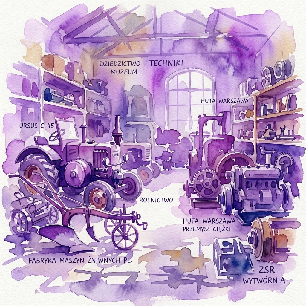 Ilustración en acuarela de tractores Ursus vintage, motores y maquinaria agrícola en un entorno de archivo de museo, con etiquetas de texto en polaco que identifican exhibiciones como Ursus C-45 y Huta Warszawa.