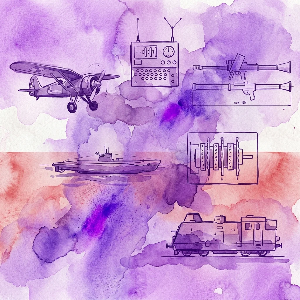 Een aquarelmontage van historische Poolse uitvindingen uit de oorlog, waaronder een biplane, radioapparatuur, een machinegeweer, een onderzeeër, een cijfermachien en een trein, die de Poolse bijdragen aan technologie tijdens de Tweede Wereldoorlog weerspiegelen.