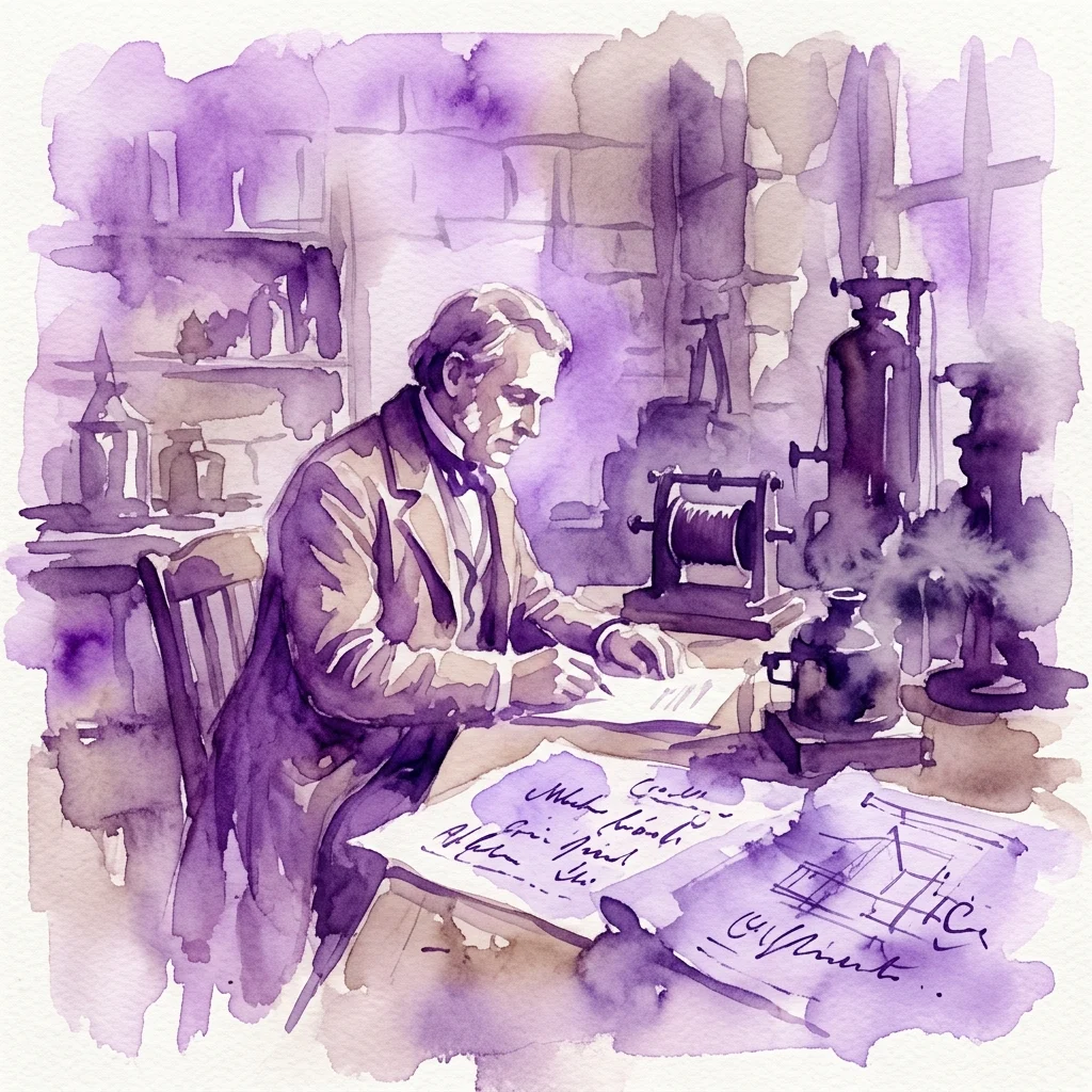 Een aquarelillustratie van een historische Poolse uitvinder in een werkplaats, die blauwdrukken bestudeert en omringd is door vroege technologische apparaten, wat nationale trots en ontdekking oproept.