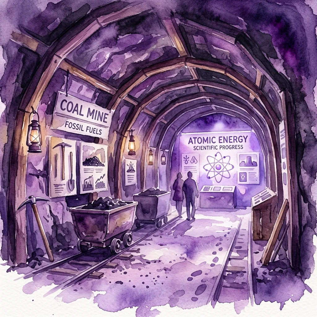 Een tentoonstellingsruimte ontworpen als een kolenmijn tunnel, met displays over fossiele brandstoffen en atoomenergie, met mijnbouwgereedschap, karren en informatiepanelen.