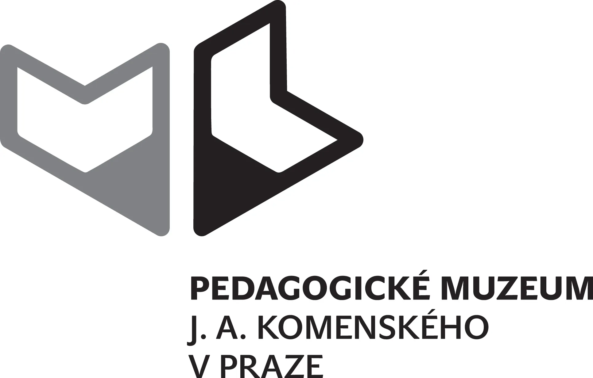 Een zwart-grijs logo met een gestileerd 'M' en 'L' ontwerp, met de tekst 'PEDAGOGICKÉ MUZEUM J. A. KOMENSKÉHO V PRAZE' eronder.