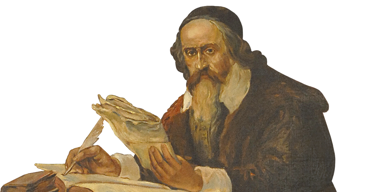 Portrait of a bearded man in historical attire writing with a quill