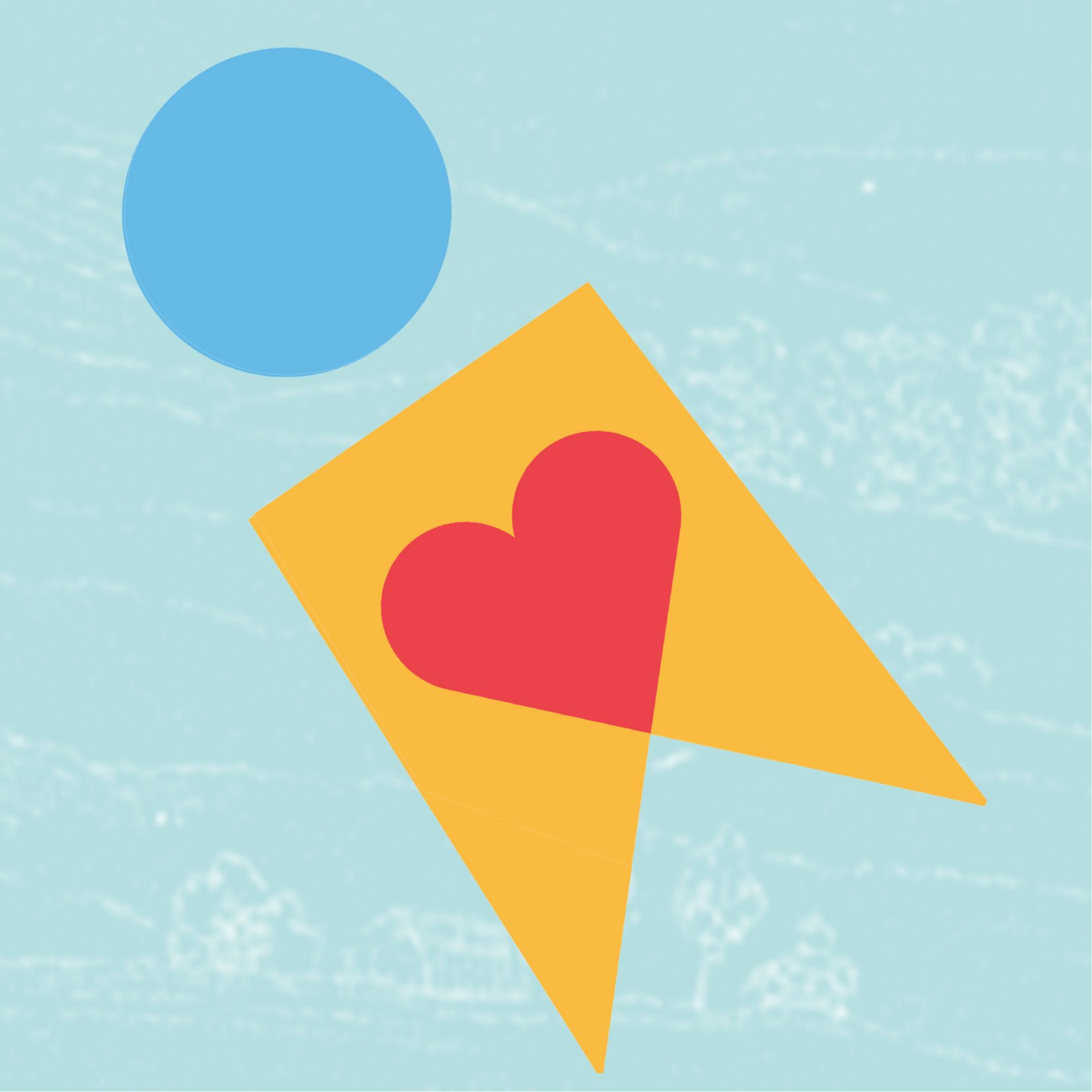 geometric logo with a blue circle, yellow triangles, and a red heart on a light blue background
