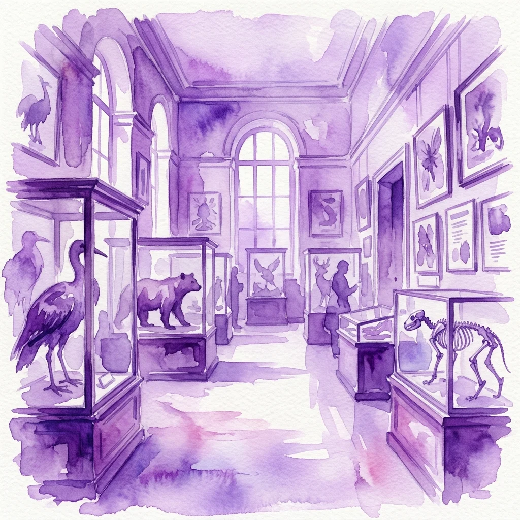 Ilustracja akwarelowa Królewskiej Galerii Historii Naturalnej, przedstawiająca wypchane ptaki, niedźwiedzia, szkielet oraz eksponaty naukowe w szklanych gablotach pod łukowymi oknami.