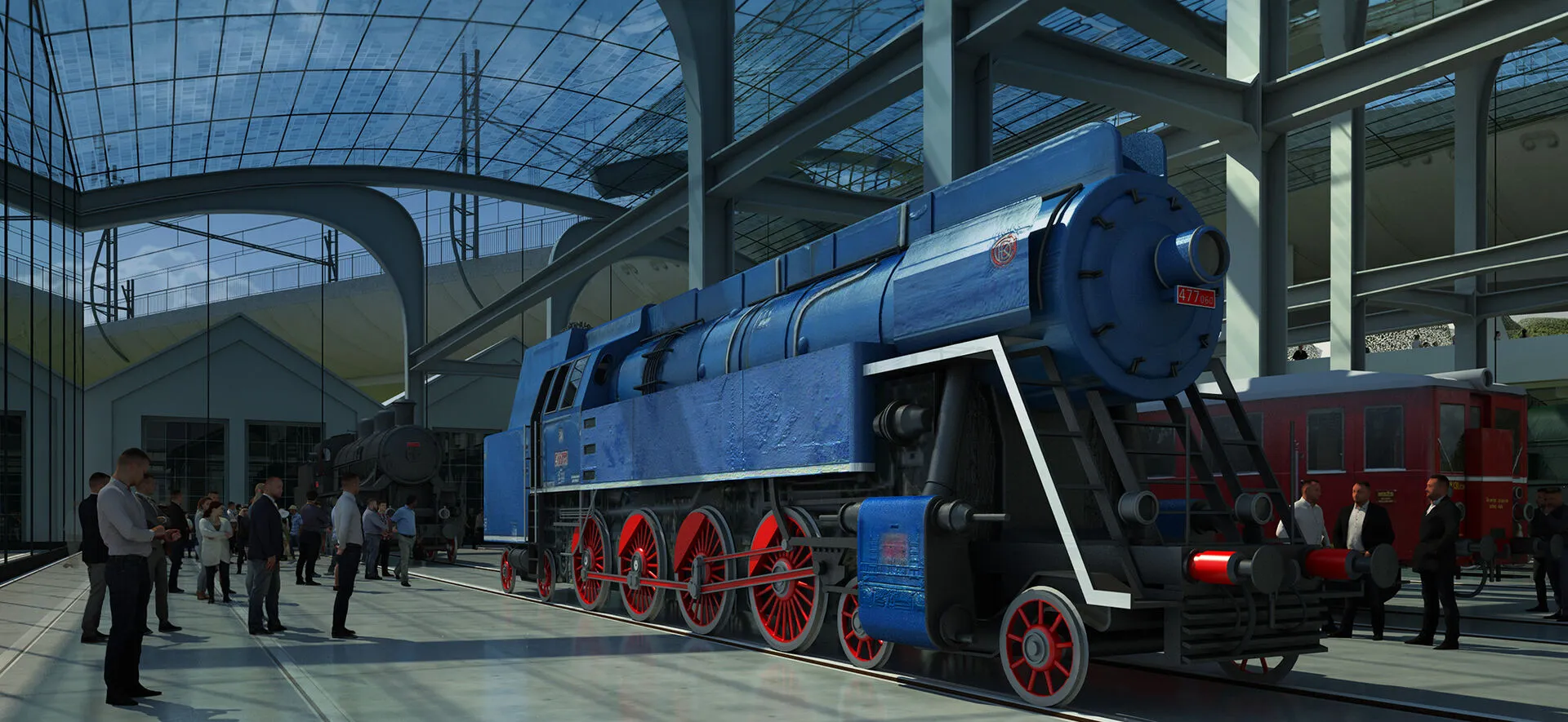 Blue steam locomotive with red wheels on display in a museum hall