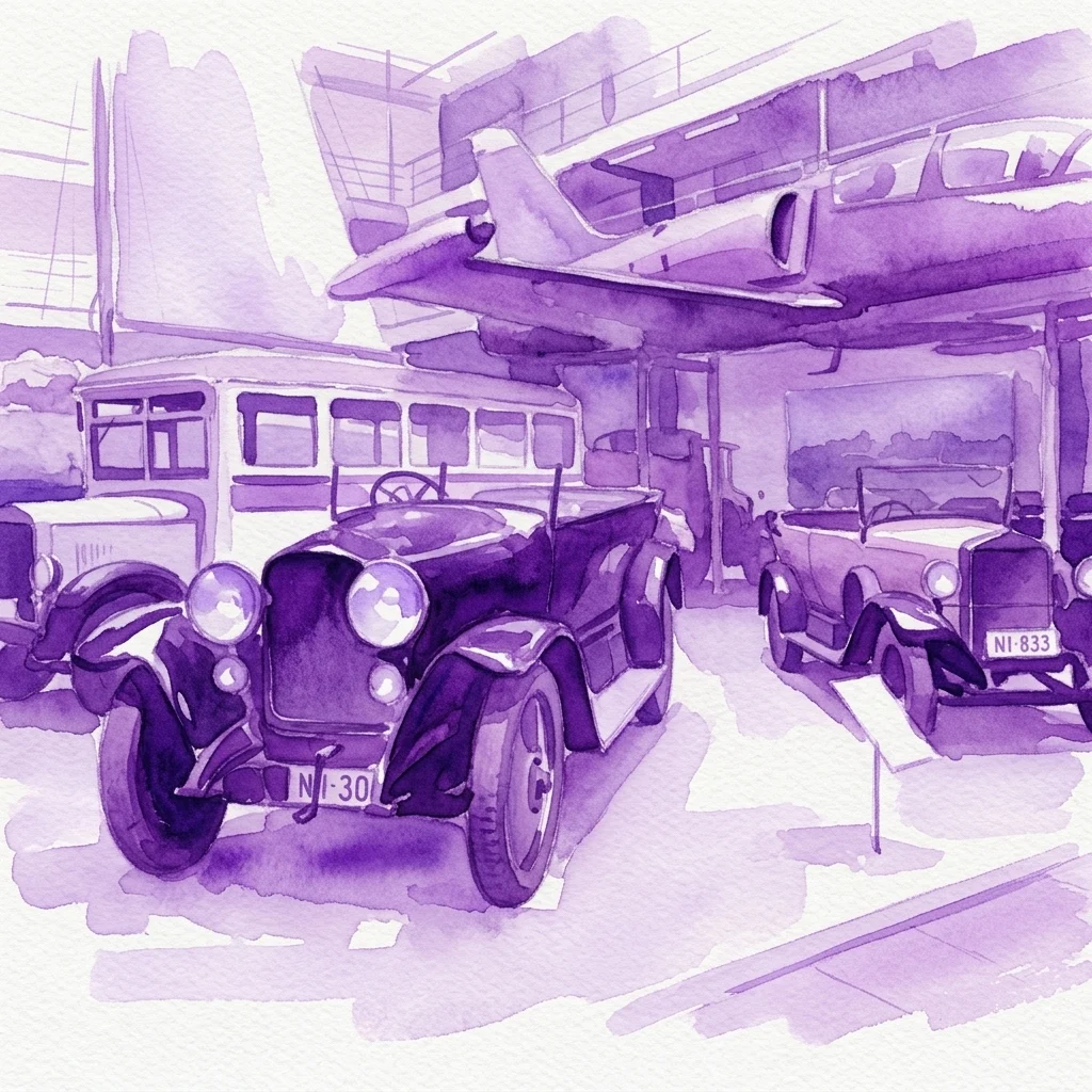 Watercolor illustration of vintage Praga cars on display in a museum, including a 1930s model with license plate NI-30, alongside a bus and airplane, reflecting the legacy of Emil Příhoda's collection.