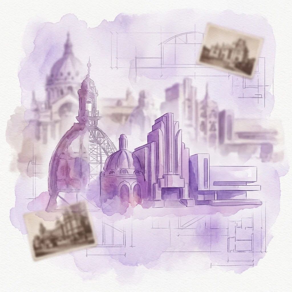 Una ilustración en acuarela de maquetas arquitectónicas que exhiben diversos estilos, desde el historicismo hasta el modernismo, rodeadas de planos y fotografías antiguas, representando la exposición Arquitectura, Construcción y Diseño.