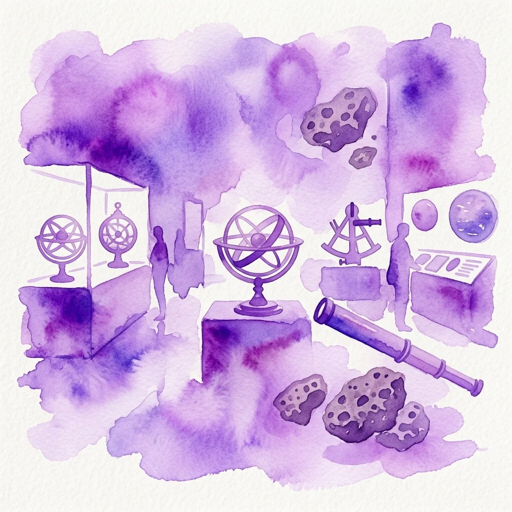 Waterverfillustratie van een museumexpositie over astronomie, met historische instrumenten zoals astrolabia, telescopen en meteorietfragmenten in een galerie setting.