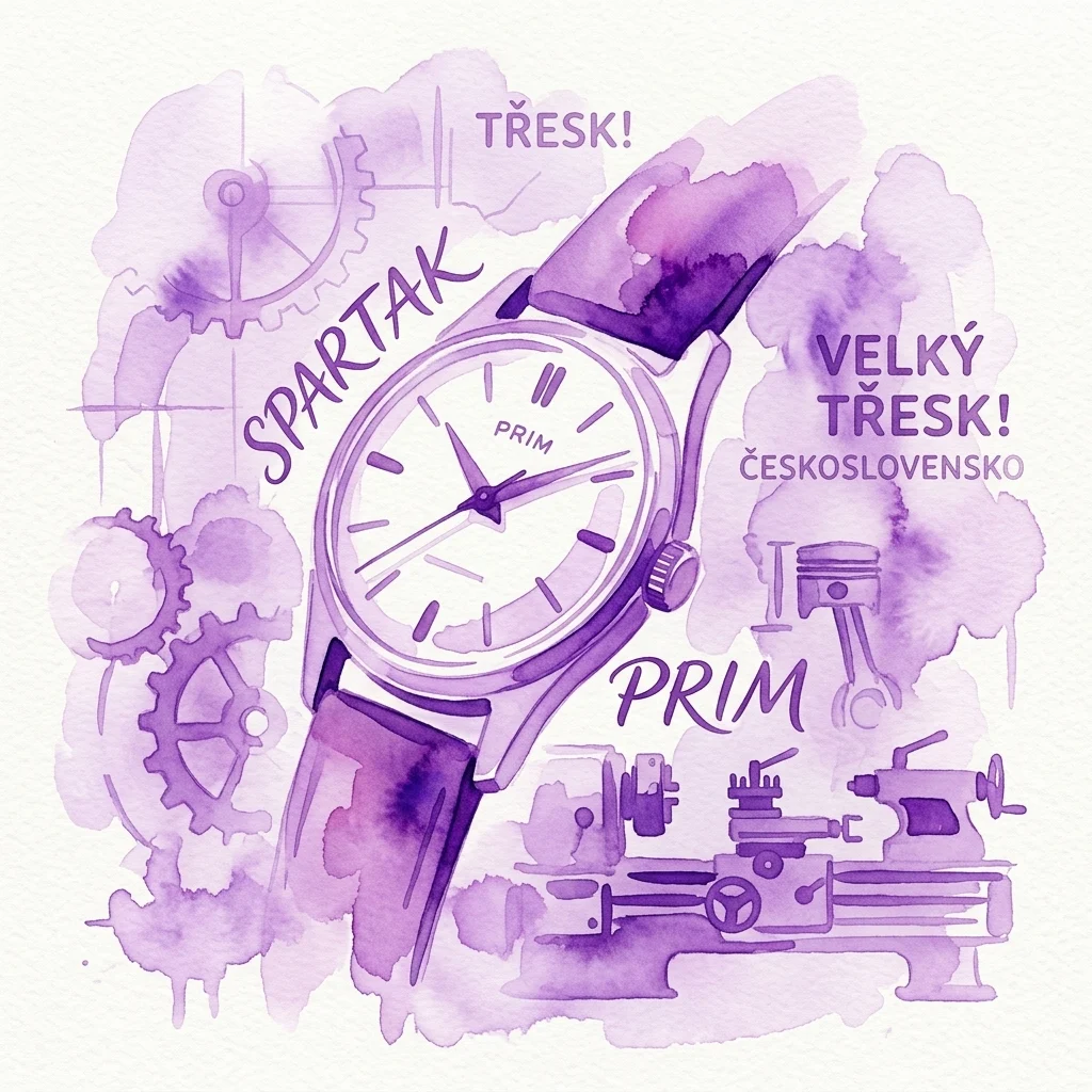 Een paarse aquarelillustratie van een PRIM Spartak mechanisch horloge, omringd door tandwielen, industriële machines en Tsjechische tekst die de historische betekenis van het horloge in Tsjecho-Slowakije viert.