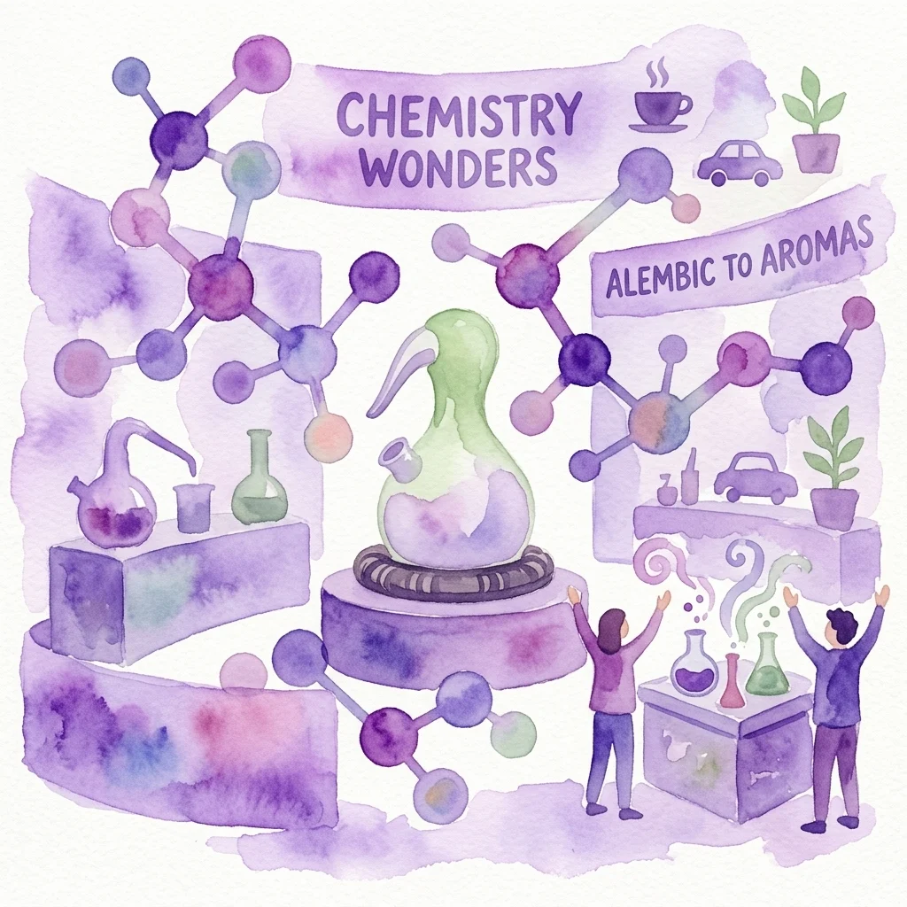 Waterverfillustratie van de tentoonstelling 'Chemistry Wonders' met moleculaire structuren, laboratoriumapparatuur en bezoekers die scheikundige concepten van alchemie tot aroma's ontdekken.