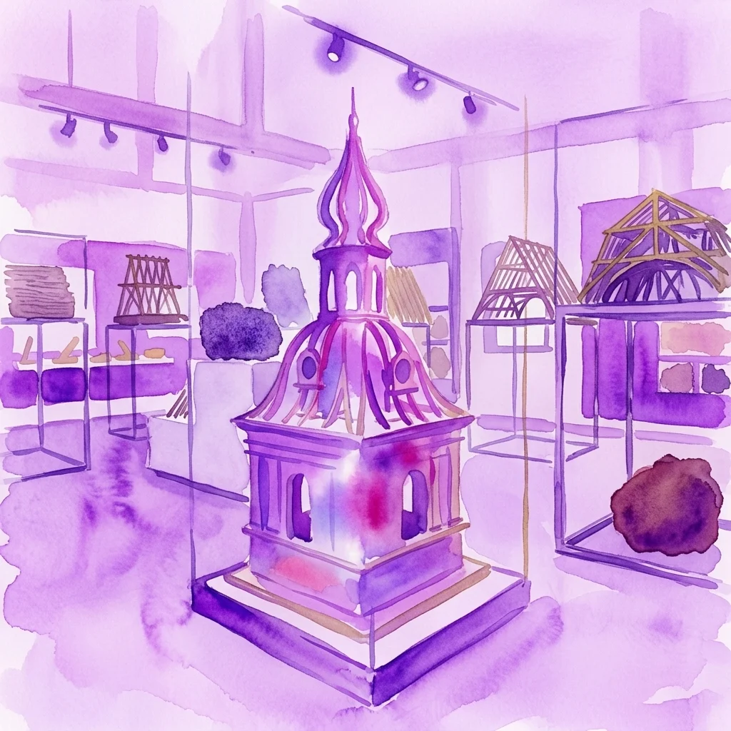 Ilustracja akwarelowa stałej wystawy Budowa w Narodowym Muzeum Technicznym w Pradze, prezentująca modele architektoniczne, materiały budowlane i elementy konstrukcyjne, takie jak fundamenty i kratownice.