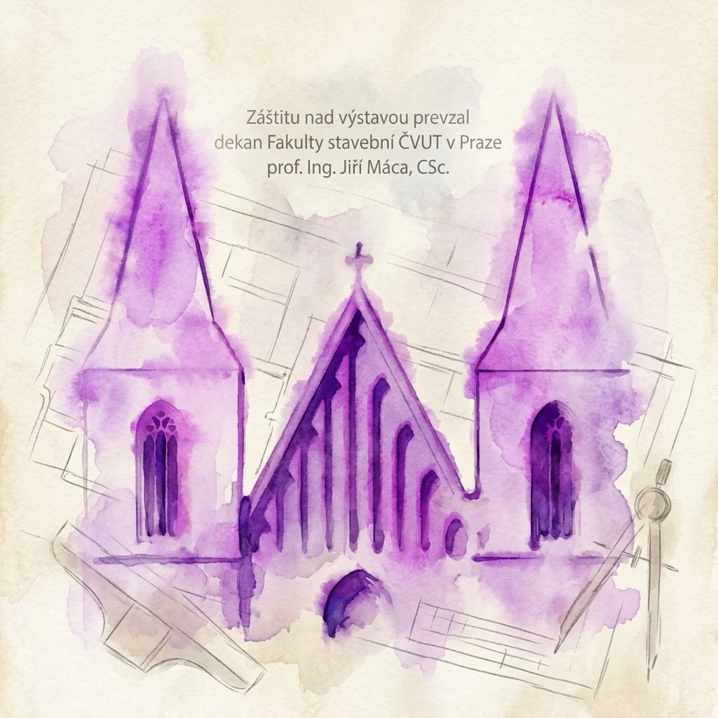 Een aquarelillustratie van een Hooggotisch kathedraalmodel met paarse tinten, omringd door architectonische tekeningen en tekengerei, die de Tsjechische Hooggotiek in Modellen-tentoonstelling vertegenwoordigt.
