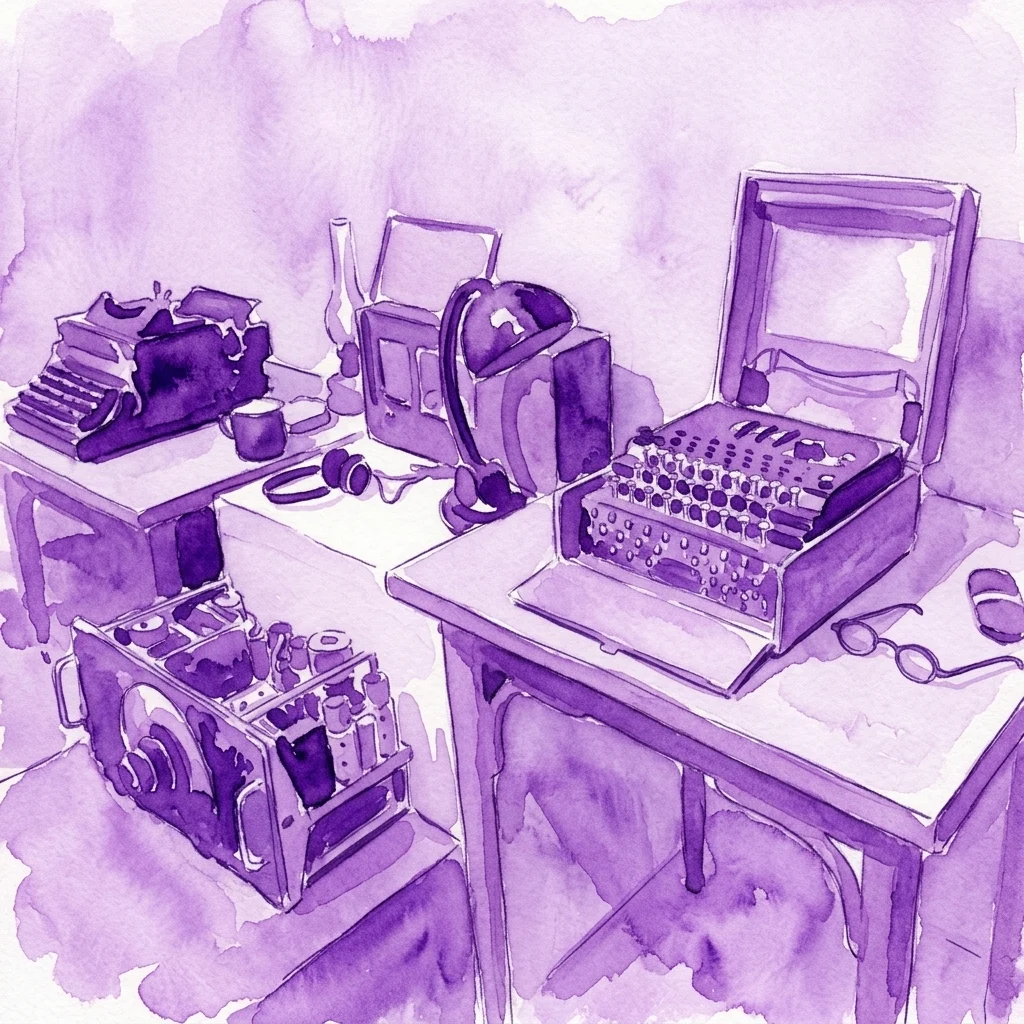 Waterverftekening van historische encryptiemachines, waaronder een Enigma-machine, typemachine en spionageapparatuur, tentoongesteld in een museumgalerij.