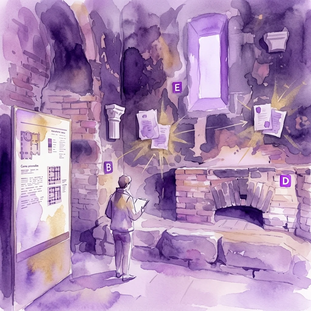 Un visitante examina una exhibición sobre investigación de historia arquitectónica, con elementos de construcción históricos y materiales de archivo en un entorno museístico.