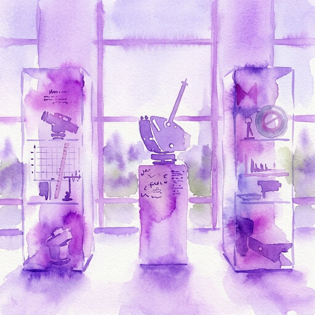 Een aquarelillustratie van een museumexpositie met historische en moderne meetinstrumenten, waaronder een theodoliet en coordinatograaf, tentoongesteld in vitrines met paarse tinten.