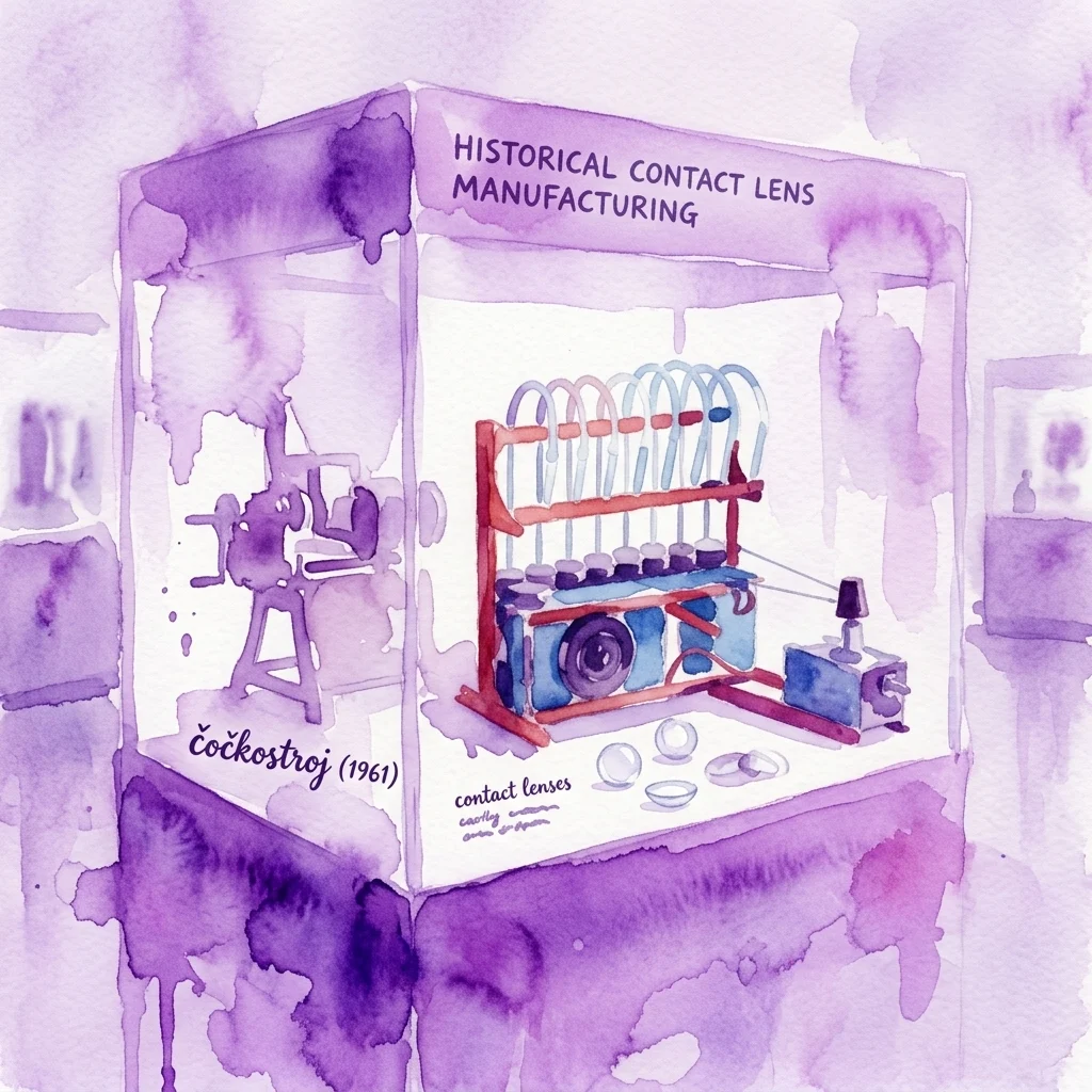 Watercolor illustration of a museum display case featuring historical contact lens manufacturing equipment, including a 'čočkostroj' (1961) machine, early contact lenses, and a model, under a sign reading 'HISTORICAL CONTACT LENS MANUFACTURING'.