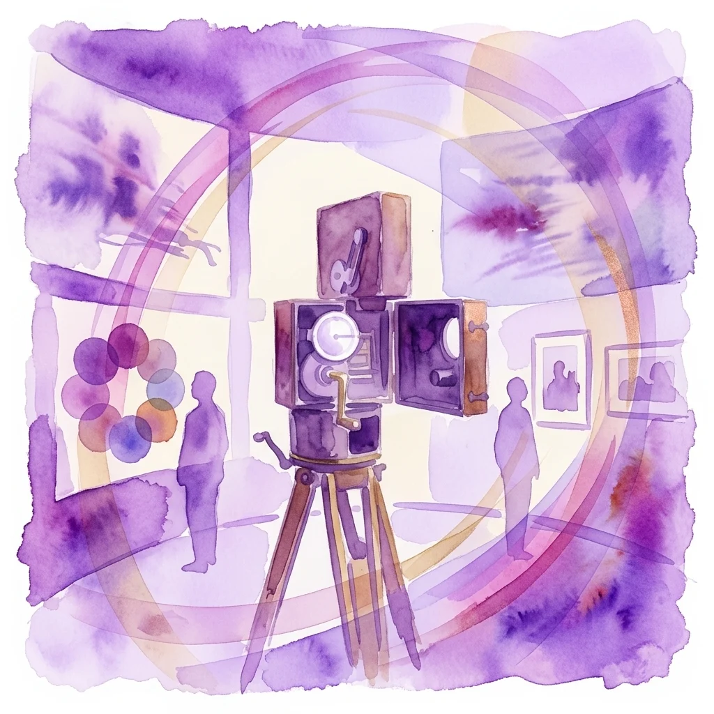 Watercolor illustration of a vintage camera on a tripod in an exhibition space, surrounded by silhouettes of visitors and abstract purple and yellow swirls representing space, color, and motion.