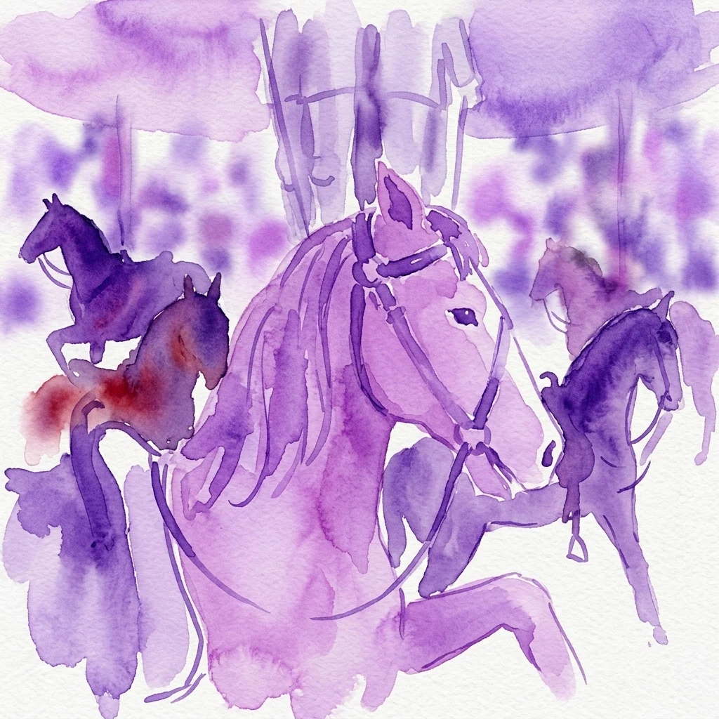 Ilustración en acuarela de un carrusel vintage con figuras de caballos de tonos púrpuras, evocando el histórico Carrusel Letná en Praga.