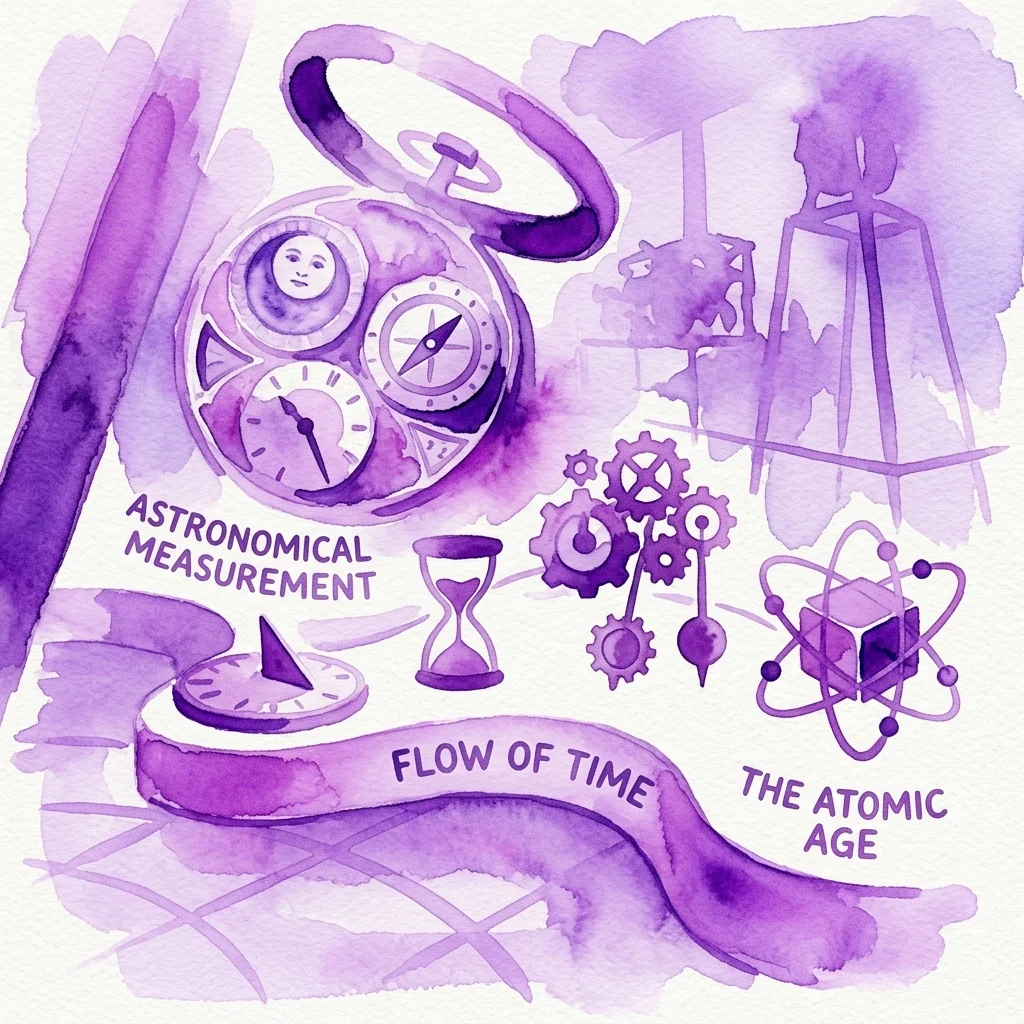 Fioletowa ilustracja akwarelowa przedstawiająca ewolucję pomiaru czasu, z zegarkiem kieszonkowym, zegarem słonecznym, klepsydrą, kołami zębatymi i modelem atomu, z etykietami tekstowymi „Pomiar Astronomiczny”, „Przepływ Czasu” i „Era Atomowa”.