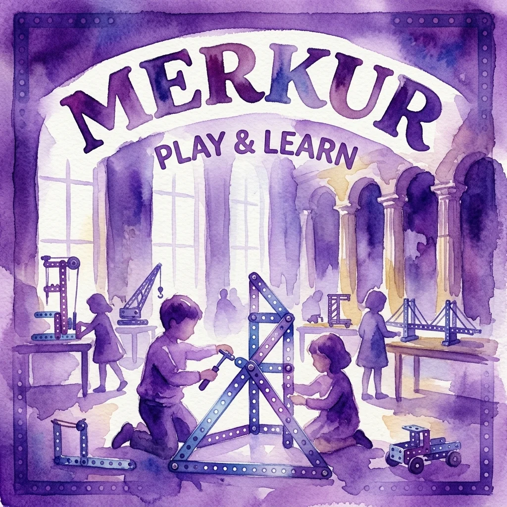 Kinderen spelen met Merkur constructiesets in een museum speelkamer, met metalen staven en verbindingsstukken onder een 'Merkur Play & Learn' bord.