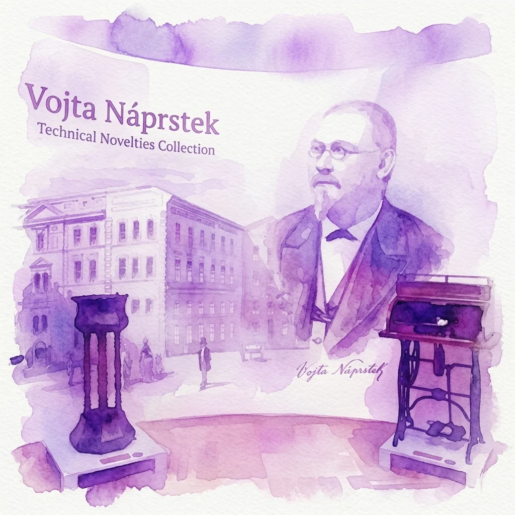 Ilustracja akwarelowa Kolekcji Nowinek Technicznych Vojty Náprstka, przedstawiająca portret Náprstka, zabytkowe budynki oraz artefakty techniczne z początku XIX wieku, takie jak maszyna do szycia i lampa.
