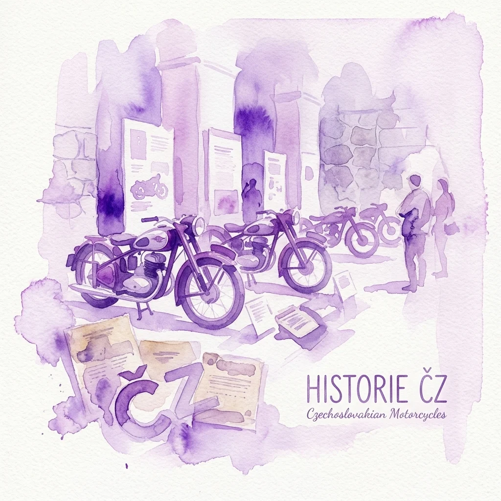 Ilustracja akwarelowa zabytkowych motocykli ČZ wystawionych w muzeum, z panelami informacyjnymi i zwiedzającymi, promująca wystawę 'Historie ČZ' o czechosłowackich motocyklach.