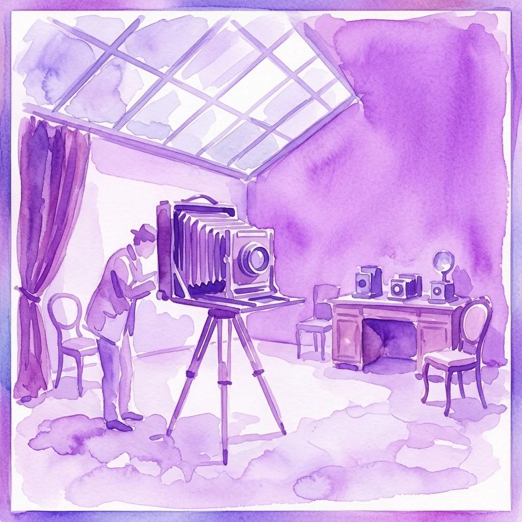 Una ilustración en acuarela de un estudio fotográfico reconstruido de principios del siglo XX con techo de cristal, que presenta a un fotógrafo utilizando una cámara de gran formato sobre un trípode, equipo de época y mobiliario de la época.