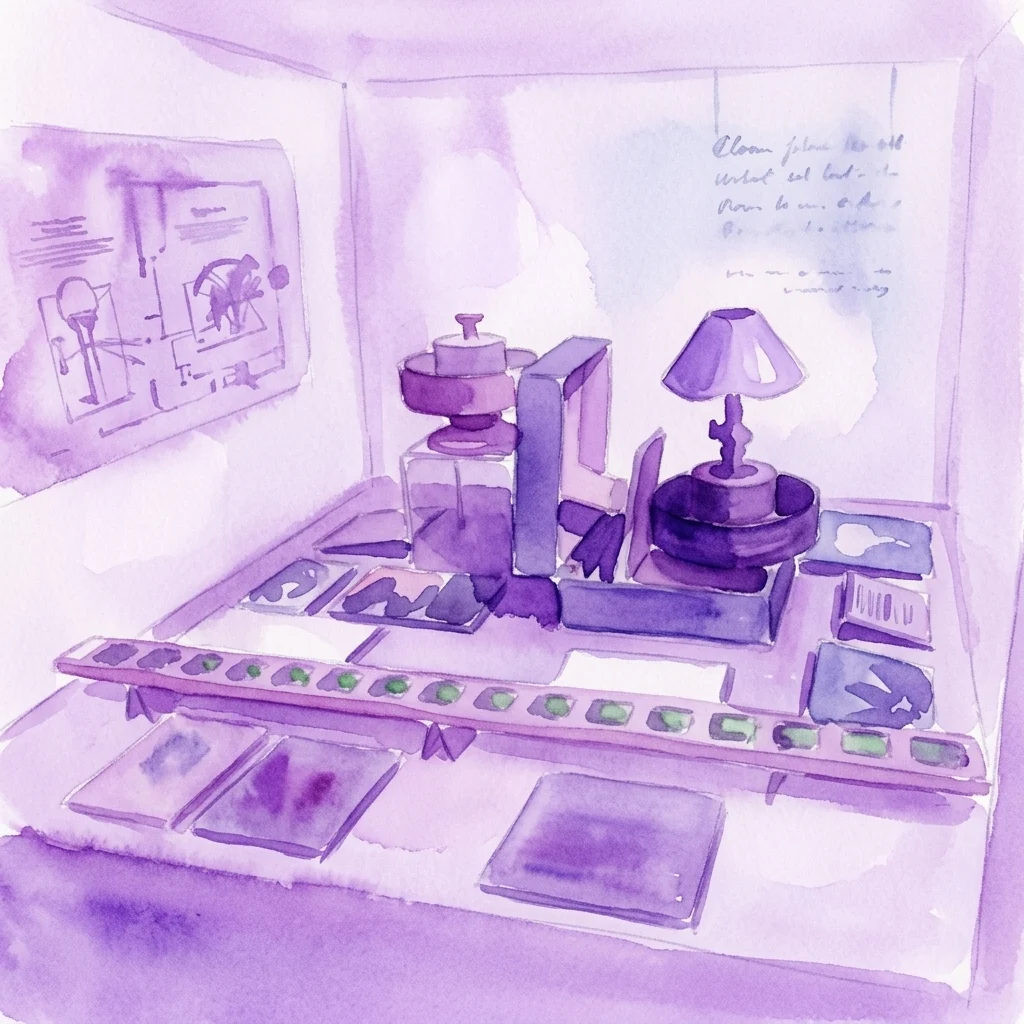 Waterverfillustratie van de projectiestrip van Émile Reynaud en vroege optische apparaten, waaronder een praxinoscoop en een optisch theater, tentoongesteld in een museumexpositie.