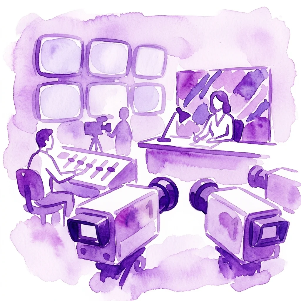 Fioletowa ilustracja akwarelowa przedstawiająca zabytkowe studio telewizyjne z kamerami, monitorami, panelem sterowania i ludźmi w rolach takich jak prezenter wiadomości i reżyser, przywołująca produkcję nadawczą zza kulis.