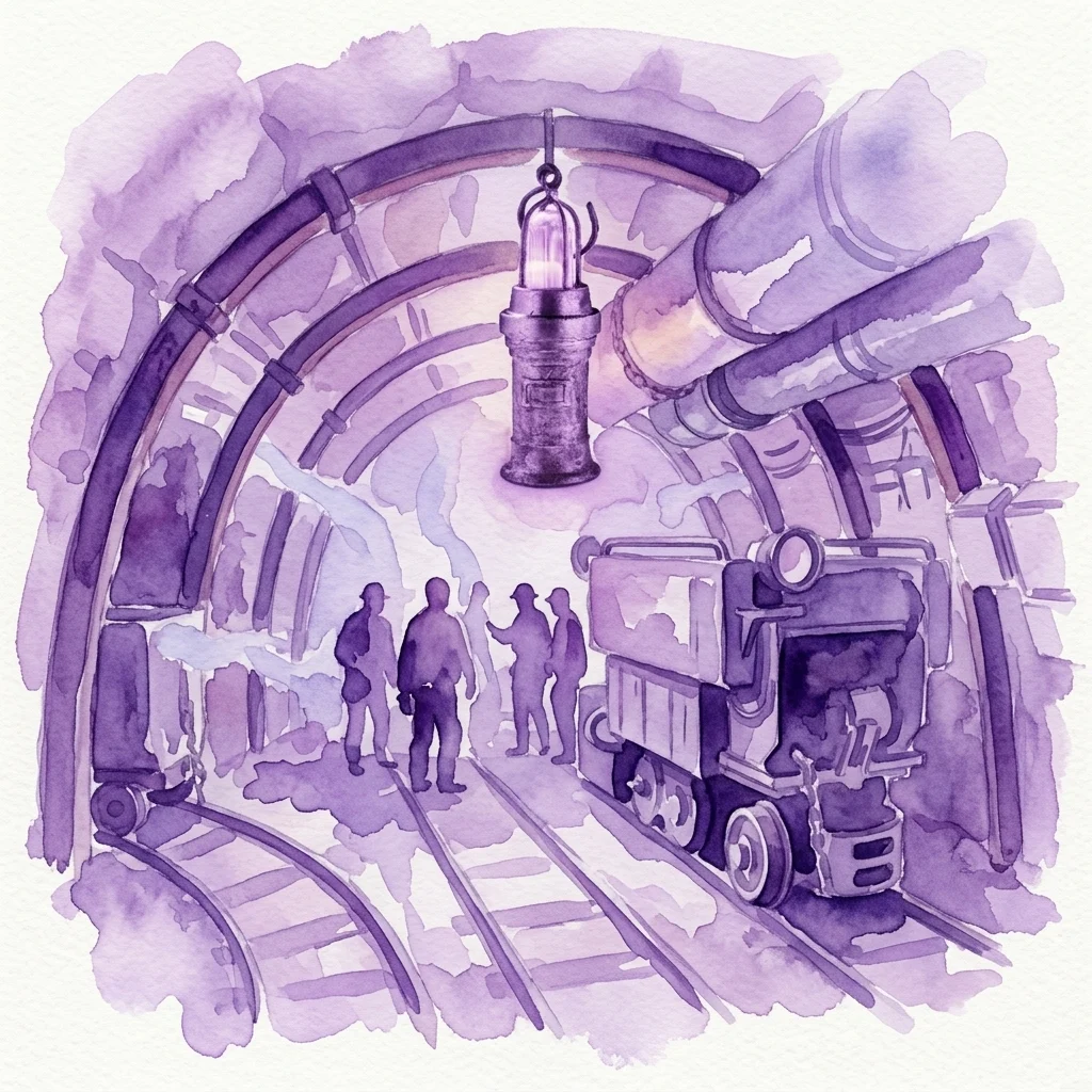 Ilustracja akwarelowa słabo oświetlonego tunelu kopalnianego pod ziemią z górnikami, wiszącą lampą i wózkiem górniczym na torach, przywołująca historyczną scenę górniczą.
