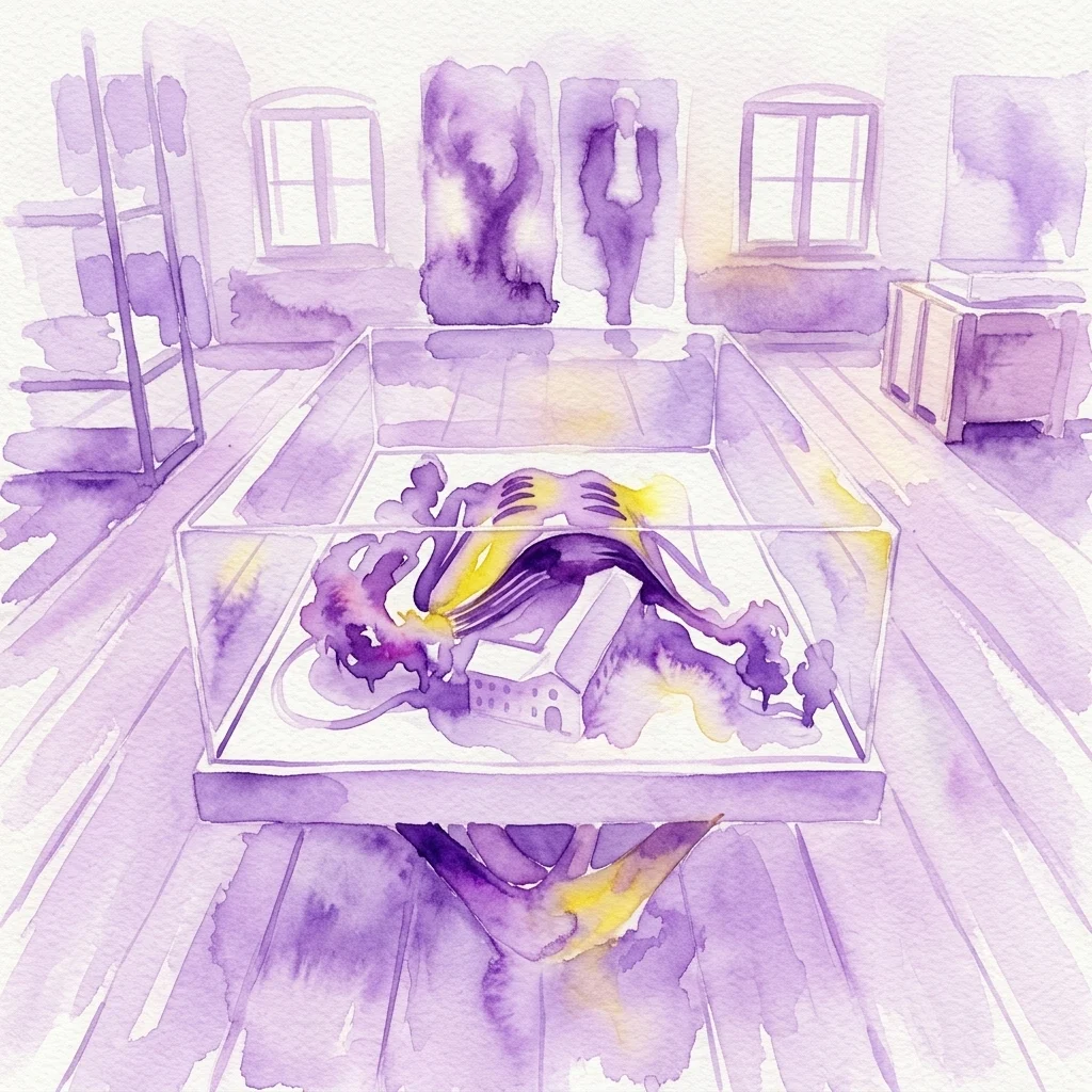 Een aquarelillustratie van een futuristisch architectonisch model, tentoongesteld in een glazen vitrine in een galerie, als onderdeel van de tentoonstelling 'The Story of a Visionary: Jan Kaplicky' in het Nationaal Technisch Museum.