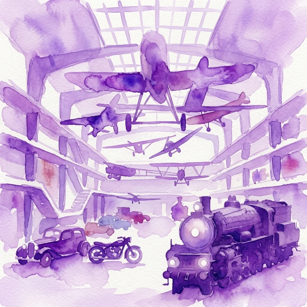 Ilustracja akwarelowa sali muzealnej przedstawiająca zabytkową lokomotywę parową, klasyczne samochody, motocykle i wczesne samoloty zawieszone pod sufitem, prezentujące historię transportu.
