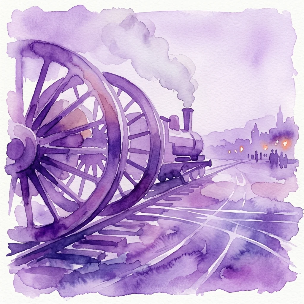 Een aquarelillustratie van een vintage stoomlocomotief op een spoorlijn, met paarse tinten en een stadsgezicht op de achtergrond, die de impact van spoorwegen op de samenleving weergeeft.
