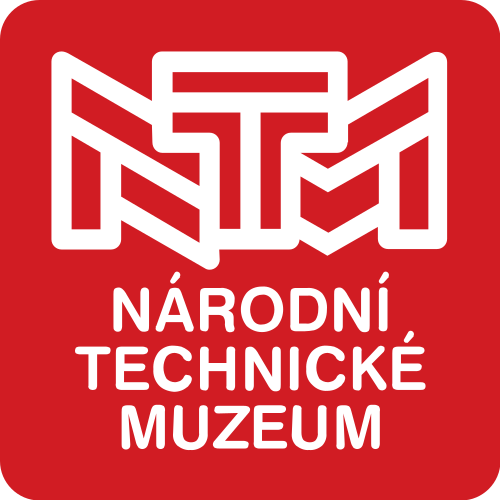 White stylized NTM monogram and text 'NÁRODNÍ TECHNICKÉ MUZEUM' on a red background